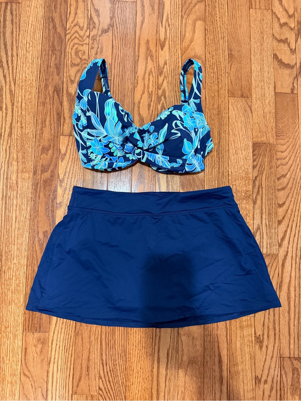 Lands' End Blue Floral Bikini Top with Navy Swim Skirted Bottom